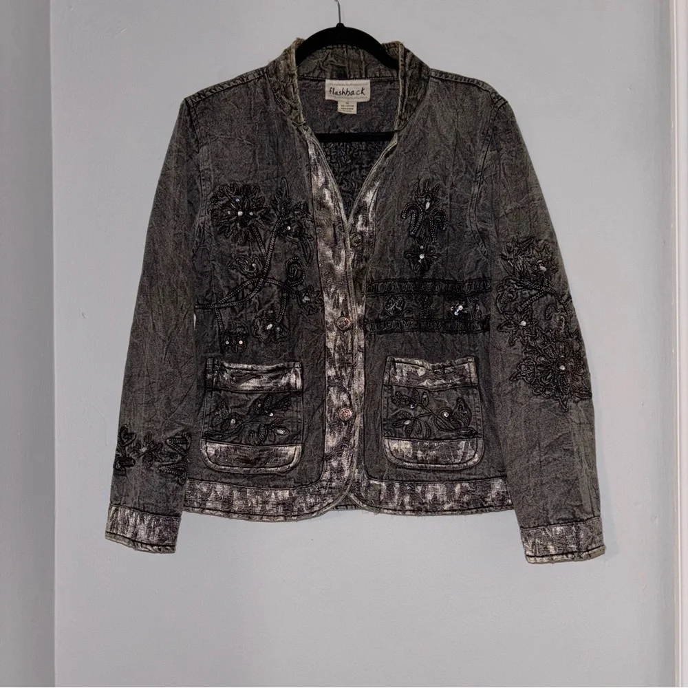 Vintage Flashback Womens Embroidered Denim Jean Jacket Shacket Coat Gray Black